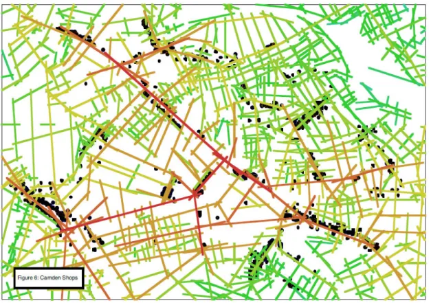 Figura 11 – Mapa Axial com a distribuição dos prédios comerciais de Camden. Fonte: HILLIER (1999) 