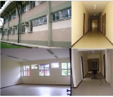 Fig. 2. Pictures of the research laboratory building: corridors of the second and the first floors, and laboratory classroom.