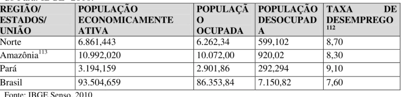 Tabela 11 - Condição de atividade e de ocupação / Para a região Norte, Amazônia, o estado  do Pará: IBGE- 2010