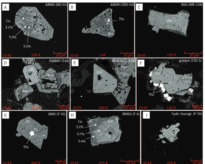 Figure 3. Backscattered electron images of zircons from the Central (A  –  C), Cigano (D  –  F) and Pojuca (G  –  I)  granites of the Serra dos Carajás suite