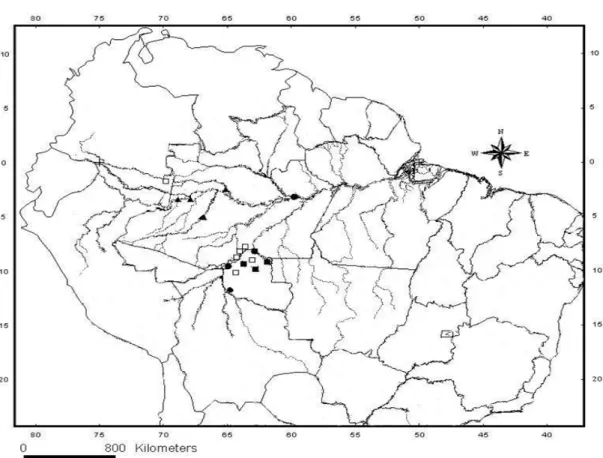 Figura 5. Distribuição geográfica de Micrurus albicinctus. (Círculo fechado – material  analisado; triângulo – C UNHA  &amp; N ASCIMENTO  (1991); quadrado fechado – S ILVA