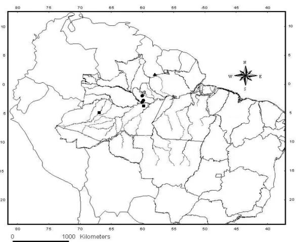 Figura 8. Distribuição geográfica de Micrurus averyi. (Círculos fechados – material  analisado; triângulos – S CHMIDT  (1938); quadrados abertos – A BUYS  (1987); quadrados  fechados – C AMPBELL  &amp; L AMAR  (2004))