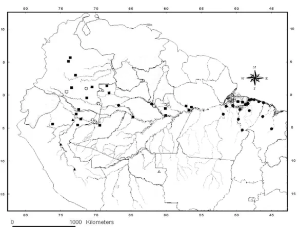 Figura 20. Distribuição geográfica de Micrurus filiformis. (Círculo fechado – material  analisado; círculo aberto – R OZE  (1967); quadrado aberto – P ÉREZ -S ANTOS  &amp; M ORENO