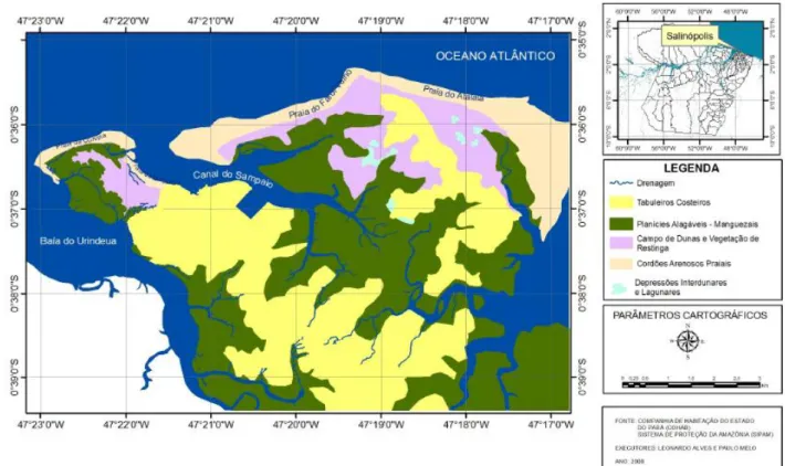 Figura 7 – Mapa da base geomorfológica de Salinópolis. A ocupação humana se estabelece  especialmente sobre o planalto (tabuleiro) costeiro e depósitos holocênicos de dunas,  atualmente com  paisagem natural alterada pela urbanização