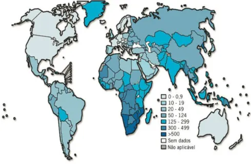 Figura  1  -  Incidência  de  novos  casos  de  tuberculose,  por  100  mil  habitantes,  no  mundo  em  2014