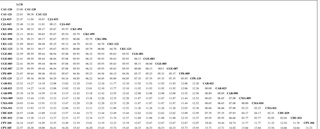 Table V - Divergence matrix for marmoset control region sequences (x100) obtained by the method of Tamura and Nei (1993).