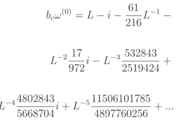 Tabela 4.1: Compara¸c˜ao, para o modo fundamental (n = 0), entre os resultados obti- obti-dos via m´etodo da aproxima¸c˜ao WKB retiraobti-dos da referˆencia [10] e nossas estimativas das frequˆencias QN usando o m´etodo de expans˜ao assint´otica.