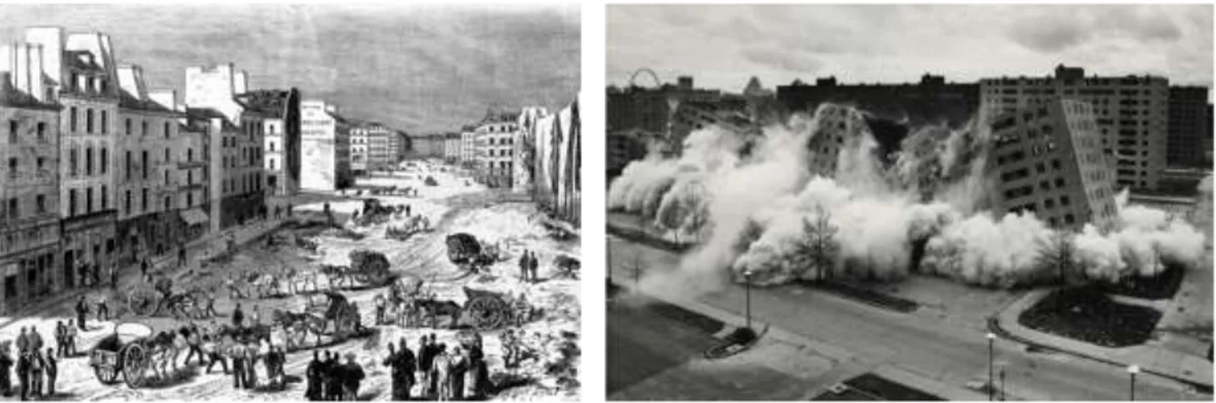 Figura 3 – Da esquerda para direita: a remodelação da Praça Saint-Germain por Haussmann  na  Paris  do  Segundo  Império;  implosão  do  conjunto  Pruitt-Igoe,  nos  EUA,  a  destruição  criativa do modernismo levada ao seu extremo