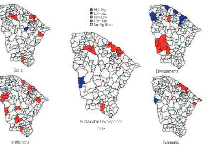 FIGURE 3  MAPS OF LISA ANALYSIS OF THE SUSTAINABLE DEVELOPMENT INDEX AND ITS   DIMENSIONS FOR THE MUNICIPALITIES OF THE STATE OF CEARÁ, BRAZIL