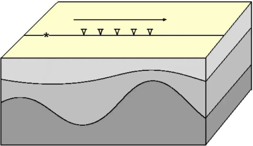 Figura 1.1. Experimento de tiro comum.  O asterisco representa a fonte e os triângulos os grupos de receptores