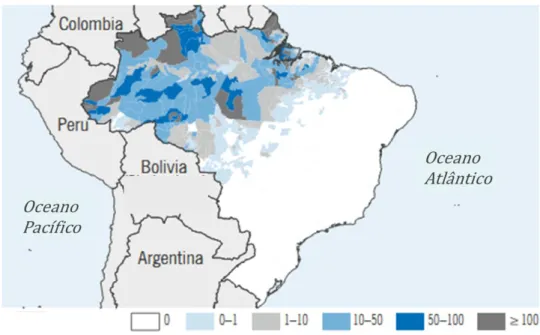 Figura 1. Distribuição de casos de malária confirmados (por 1000 habitantes) no Brasil