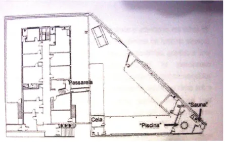 Figure 4: Map showing the catwalk (passarela) connecting the police station to the building next to it, with  a cell (cela) a ‘swimming pool’ (‘piscina’) and “sauna” (Source: De Oliveira Souza, Magni et al, 2015)