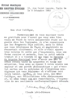Figura 4 – Carta de Lévi-Strauss para Florestan, 1952.