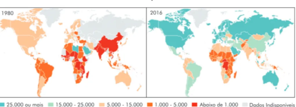 Figura 1 – Mapas do Produto Interno Bruto per capita, em  Paridade do Poder de Compra, médias 1980 e 2016