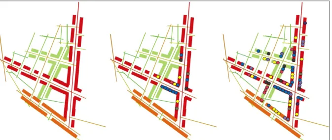 Figura 2 - Espaço diferencial: como um código de instruções para a ação coletiva, o espaço urbano encontra diferenciação física, enquanto hierarquias de  acessibilidade e distribuição de forma construída (à esquerda), e semântica, por meio de ações realiza