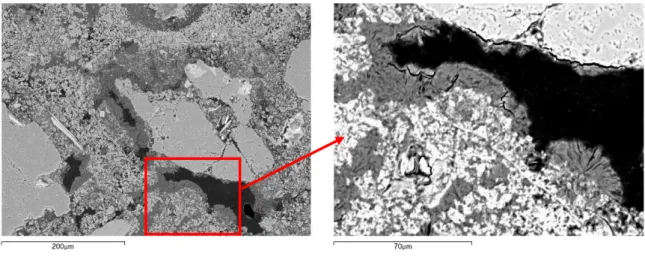 Figura 4 – Imagens ao MEV duma argamassa dolomítica onde são visíveis cristais de neoformação de  hidromagnesite a preencherem zonas porosas na pasta 