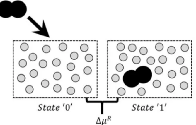 Figure 1: Illustration of the Widom method. An example of dimer insertion  in hard-sphere solvent at infinite dilution