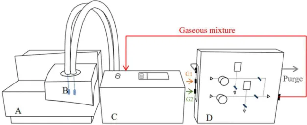 Figure 1. Experimental setup: A) High pressure µDSC; B) High pressure cells; C) Gas Panel of Compression; D) Gas Mixer.
