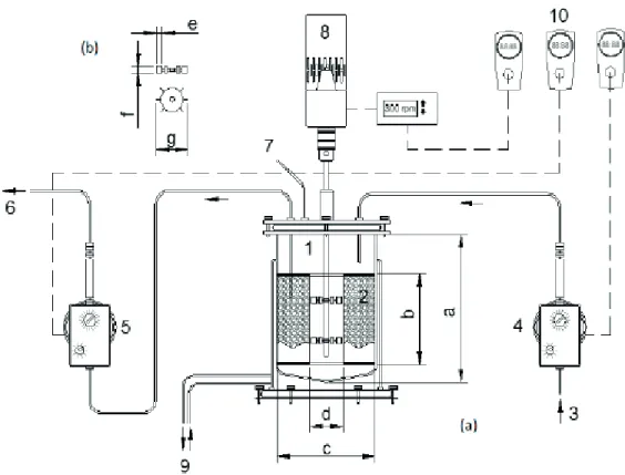 Figure 1. Scheme of the AnSBBR: [(a) Reactor 1 – Bioreactor BIOFLO III (New Brunswick Scientific.); 2 – Basket containing support  material for the biomass; 3 – Influent; 4 – Feed pump; 5 –Discharge pump; 6 – Effluent; 7 –Biogas outlet; 8 – Agitation syste