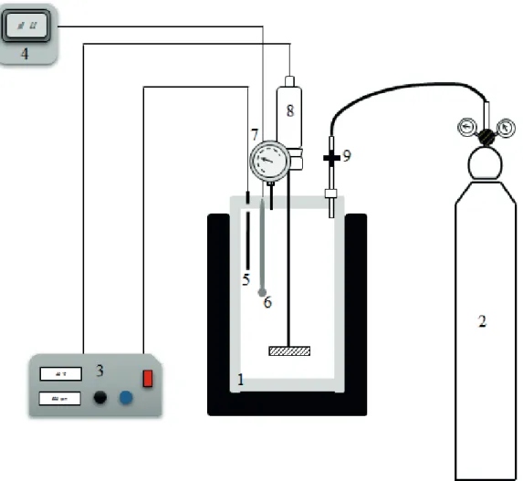 Figure 2. The schematic representation of the experimental setup (1-Reactor, 2- CO 2  tube, 3-Temperature and agitation speed control, 4- pH  meter, 5- Thermocouple, 6- pH electrode, 7- Pressure gauge, 8- Agitator, 9-Tap).