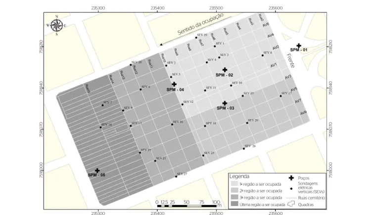 Figura 3 – Mapa de localização dos poços de monitoramento, das sondagens elétricas verticais e do histórico de ocupação
