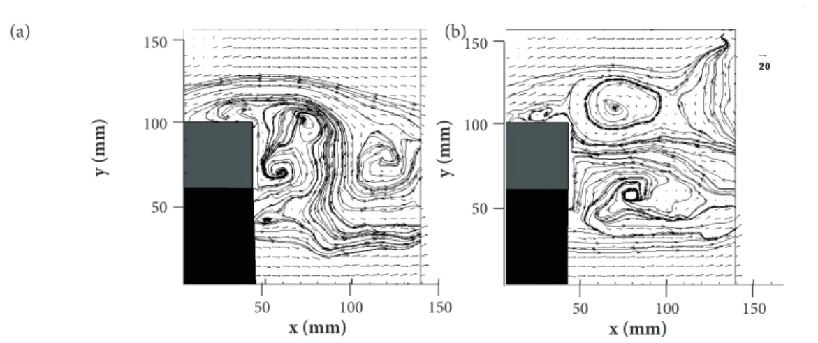 Figure 10. Instant velocity fields for an AR3 square section cylinder,  z/h  = 0.3. (a) Karman-like structure with multiple vortex  cores; (b) strong symmetrical vortexes.