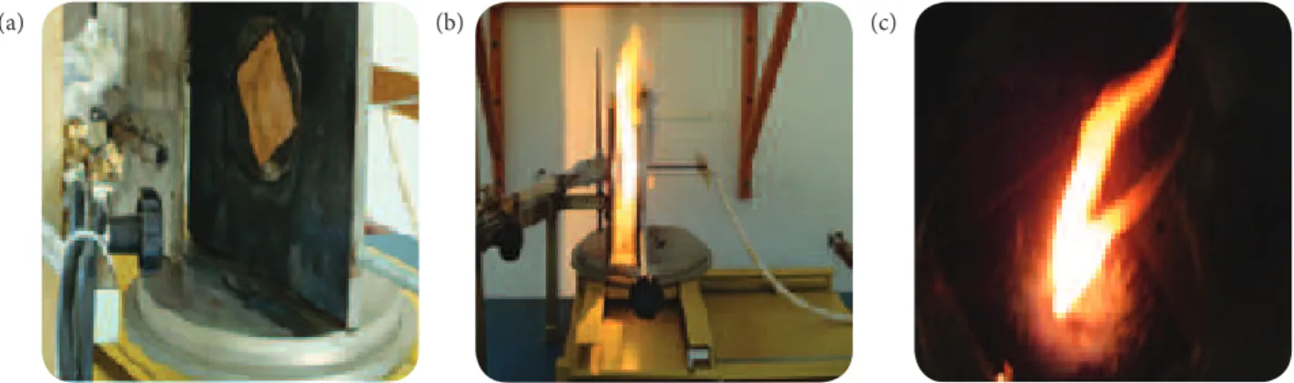 Figure 5. Oxyacetylene test: (a) sample placed over a steel platform; (b) testing under an oxyacetylene  flame at 20 mm from the nozzle; and (c) sample just after ablation.