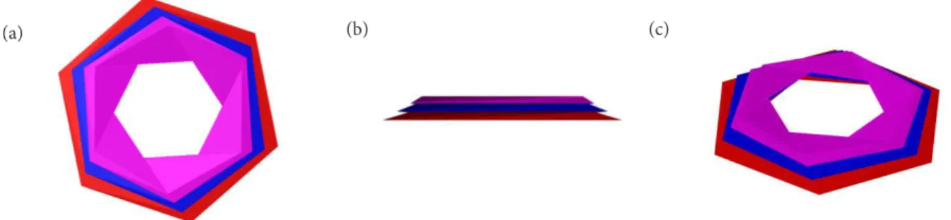Figure 8. Fold state of the conical shell surface. (a) Planform; (b) Front view; (c) Axonometric.