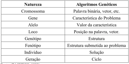 Tabela 4. 1: Sistema natural x Algoritmos genéticos  