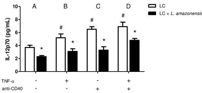 Figura 5. L. amazonensis inibe a produção de IL-12p70 em culturas LCs estimuladas por TNF- α,  anticorpo anti- anti-CD40 e TNF-α + anti-anti-CD40