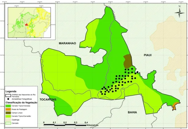 Figura 5. Distribuição das armadilhas-fotográficas durante o segundo período de  amostragem (período seco) no Parque Nacional das Nascentes do Rio Parnaíba,  Brasil