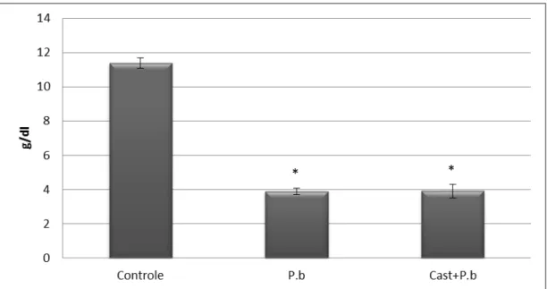 Figura  13:  Quantificação  de  hemoglobina  nos  grupos  experimentais  no  décimo  dia  pós  inoculação