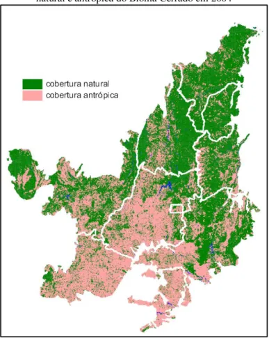 Figura 4  – Distribuição espacial de áreas com cobertura vegetal  natural e antrópica do Bioma Cerrado em 2004 