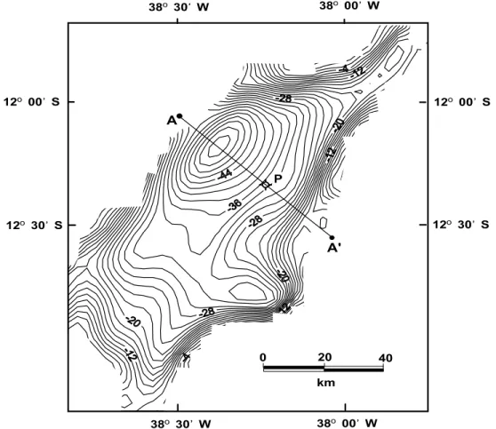 Fig. 20. Anomalia Bouguer da Bacia do Recôncavo mostrando as localizações: do perfil gravimétrico invertido (AA‘)  e do furo de sondagem (P)
