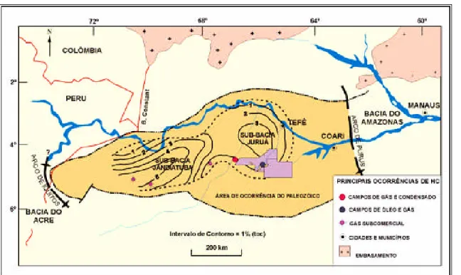 Figura 2.1. Localização da Bacia do Solimões dividida nas Sub-bacias do Juruá  e Jandiatuba  segundo Clark (2000)