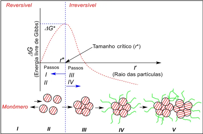 Figura  9.  Diagrama  esquemático  do  processo  de  nucleação  e  crescimento  mostrando os cincos passos e a dependência da energia livre de Gibbs (G) com o  tamanho do cristal