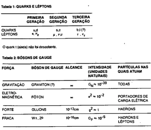 Tabela 1:  QUARKS E LEPTONS 
