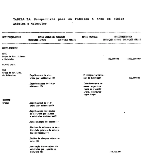 TABELA 2.4:  Perspectivas para os Próximos 5  Anos   cm Fisica  Atômica o Molecular 