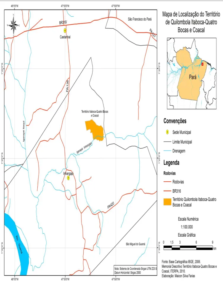 Figura 02: Mapa de Localização do Território Remanescente de Quilombola Itaboca-Quatro Bocas  e Coacal