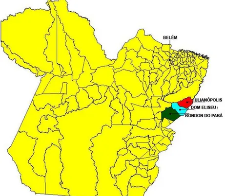 FIGURA 8 - Municípios de Ulianópolis, Dom Eliseu e Rondon do Pará localizados na  mesorregião  do  sudeste  paraense:  Áreas  de  investigação  da  infecção  canina  por  Leishmania spp.