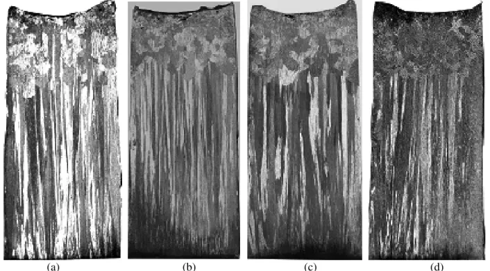 Figura 2.11 - Macroestruturas de ligas do sistema Al-Si na solidificação unidirecional vertical  ascendente indicando a ocorrência da TCE: (a) Al-3%Si, (b) Al-5%Si, (c) Al-7%Si e (d) Al-9%Si 