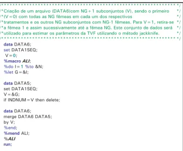 Fig. 12. Comandos SAS para criação de um conjunto de dados que contém os dados originais (V=0) e com os NG subconjuntos com (NG-1) fêmeas