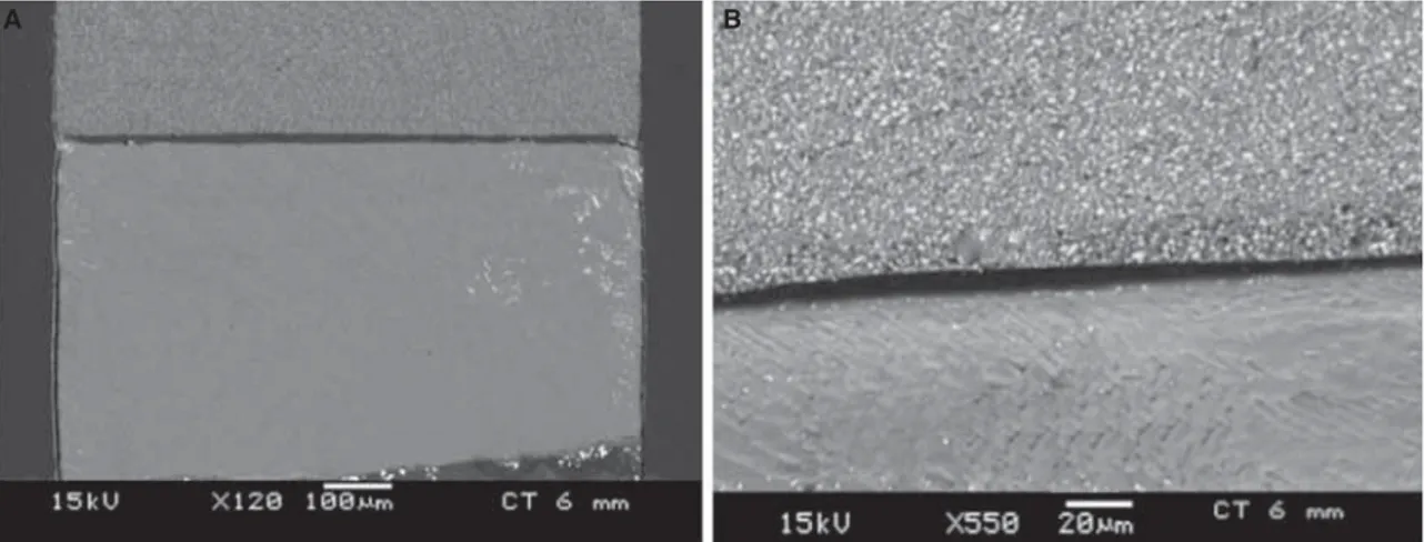 Figure 6. SEM photomicrography of bond interface of Clear ﬁ l Tri S, demonstrating satisfactory sealing in enamel, similar to the Clear ﬁ l Protect Bond (A-X120) and (B-X 550).