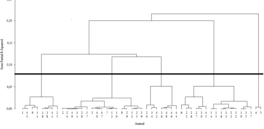 Figura 2 - Dendrograma obtido por meio do procedimento hier´arquico de Ward, utilizando a distˆancia euclidiana generalizada, dos animais em estudo.