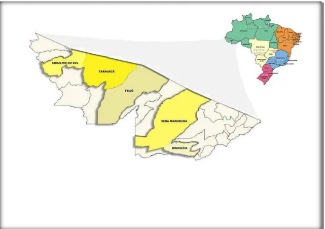 Figura 8. Mapa do Estado do Acre adaptado com a indicação dos municípios  que foram estudados (marcados na cor mais escura)