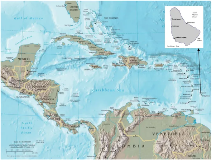 Ilustração 1. Mapa da América Central; Barbados em destaque 
