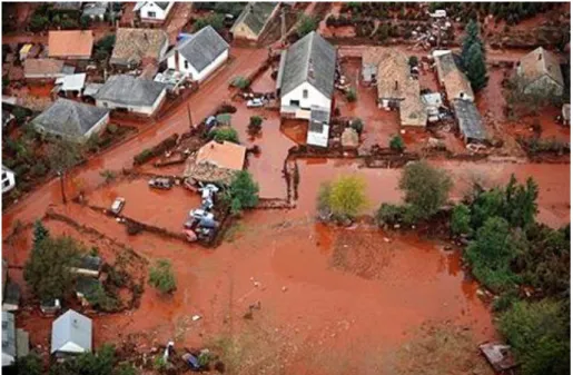 Figura  2.4-  Desastre  ambiental  na  Hungria  com  transbordo  de  lama  vermelha  Fonte: 