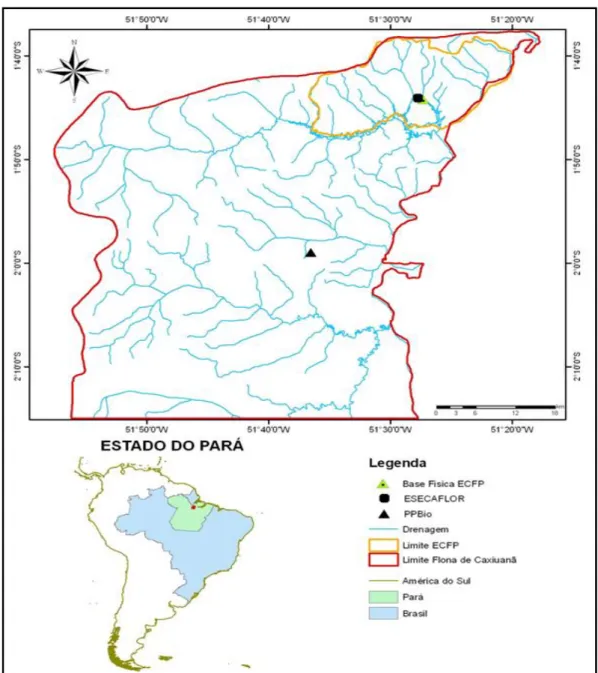 Figura  1:  Localização  da  Floresta  Nacional  de  Caxiuanã-PA  e  dos  sítios  experimentais  do  ESECAFLOR e PPBio