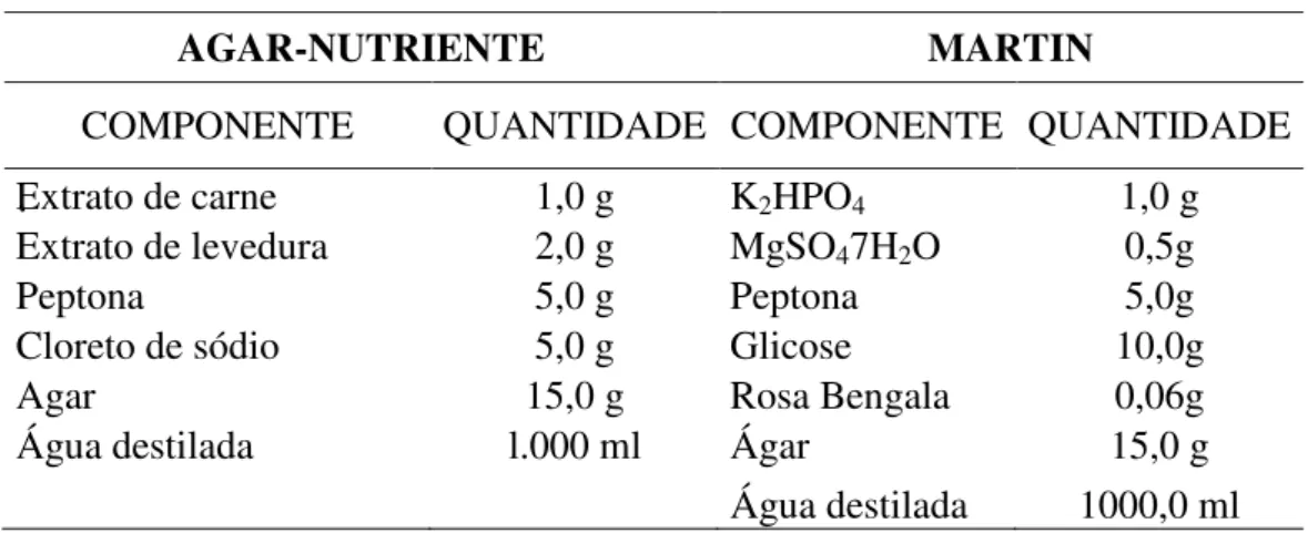 Tabela 3: Composição química dos meios de cultura Agar-nutriente e Martin. 