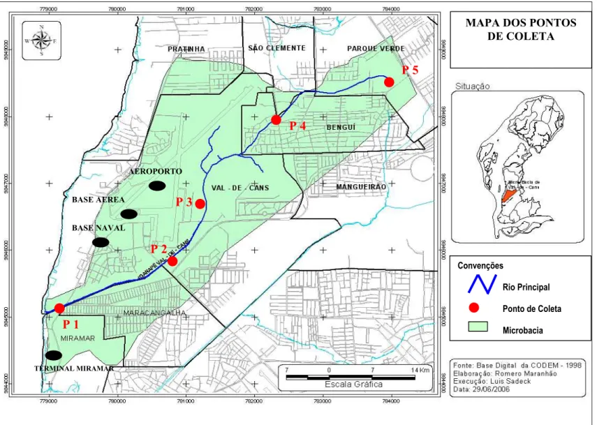 Figura 8: Localização dos Pontos de Coleta de água superficial do Igarapé Val-de-Cães (adaptado de CODEM, 1998).Convenções                     Rio Principal                     Ponto de Coleta                     MicrobaciaP 1 P 2AEROPORTOP 4P 5P 3BASE NAV
